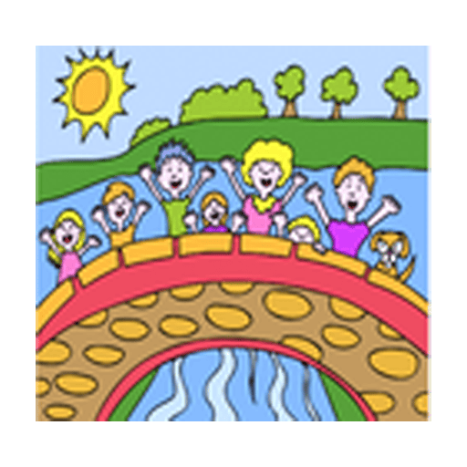 Smiling family waving from a colorful stone bridge